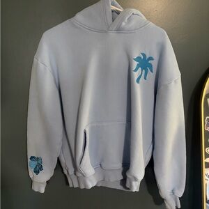 Pink Palm Puff Everything Comes in Waves Light Blue hoodie with Palm Design